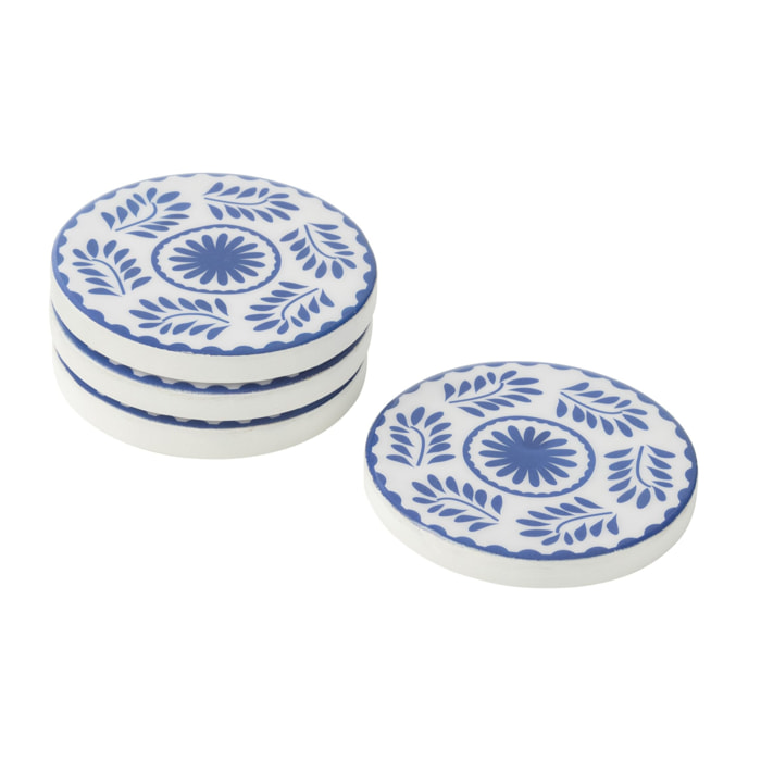 J-Line dessous de verre Fleurs - bois - bleu/blanc - set de 4
