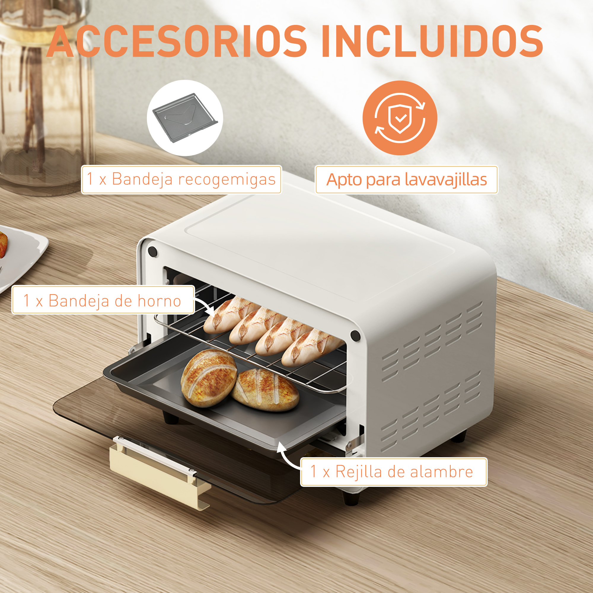 Horno Eléctrico de Sobremesa Horno Sobremesa de 12L 750W Horno Eléctrico con Puerta de Vidrio Temporizador y Temperatura Ajustables hasta 230℃ Blanco