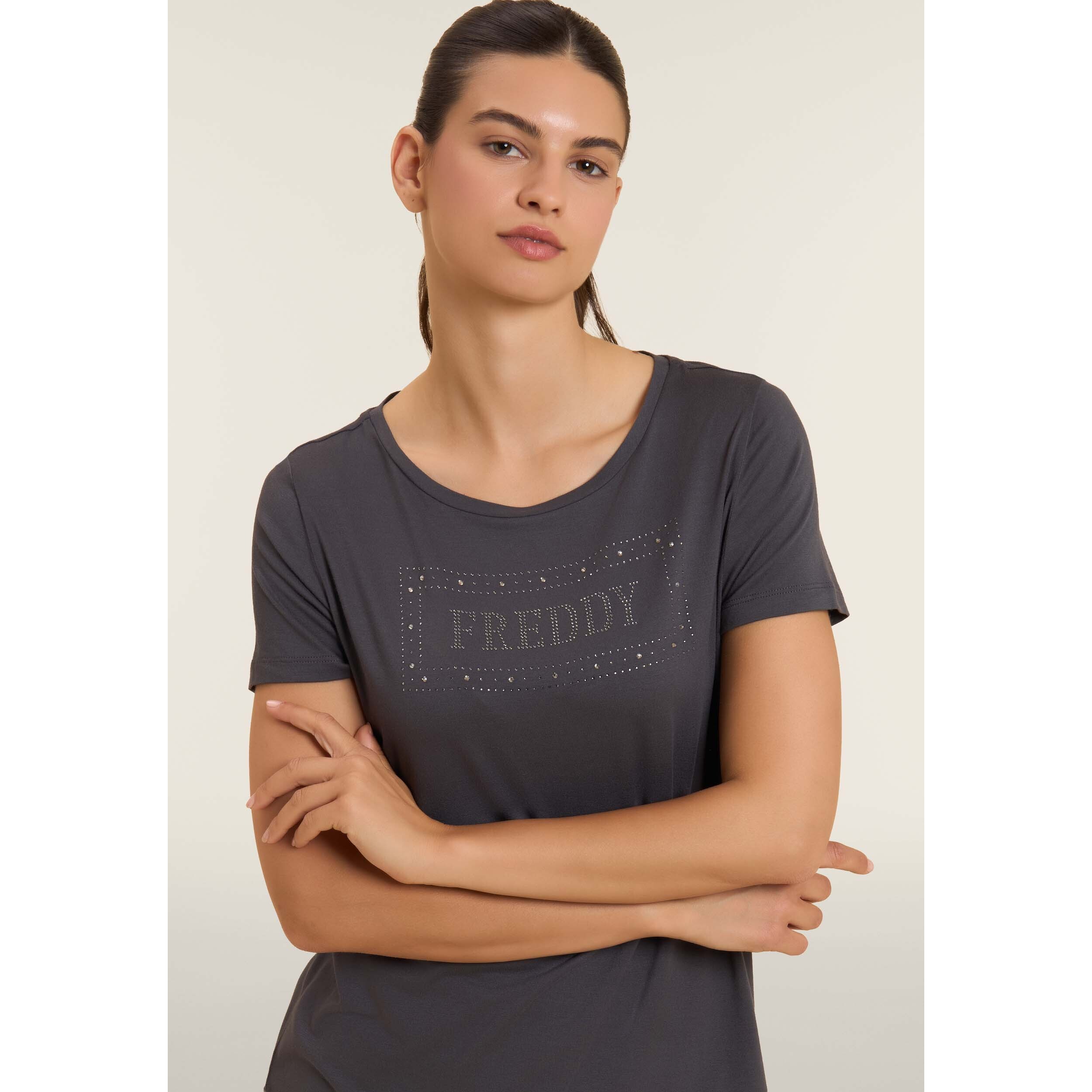 T-shirt donna con logo strass e glitter