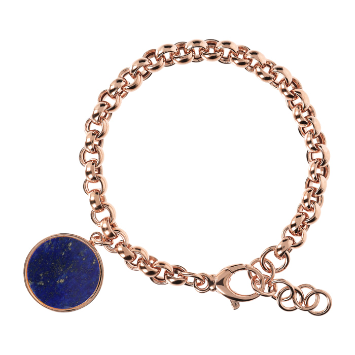 Bracciale Catena Rolo con Ciondolo Disco in Pietra Naturale Lapislazzuli Blu