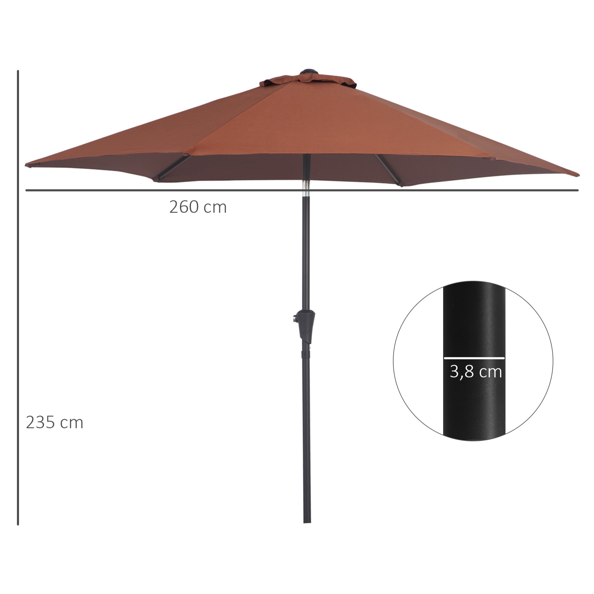 Sombrilla para Jardín Ø260x235 cm Parasol de Aluminio Reclinable con Manivela y 6 Varillas de Metal para Terraza Exterior Balcón Café