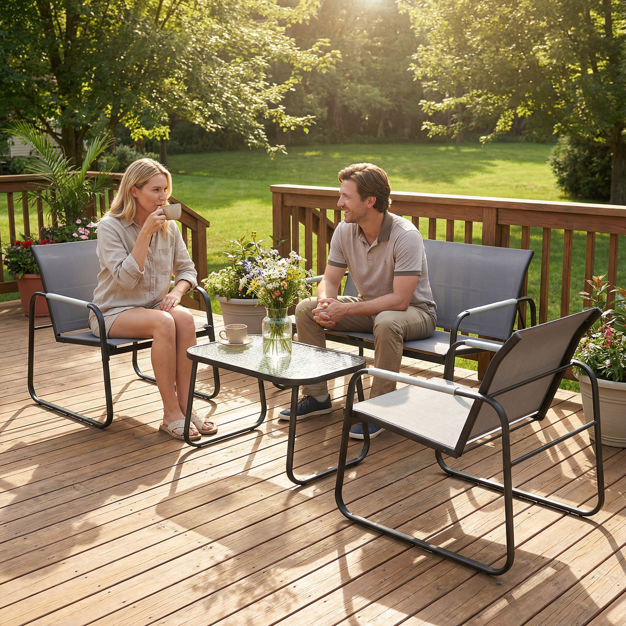 Conjunto de Jardín Exterior de 4 Piezas, Muebles Jardín Exterior con 1 Sofá de 2 Plazas, 2 Sillones y Mesa de Vidrio Templado, Estructura de Acero y Textilene Transpirable, Gris