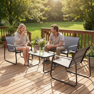 Conjunto de Jardín Exterior de 4 Piezas, Muebles Jardín Exterior con 1 Sofá de 2 Plazas, 2 Sillones y Mesa de Vidrio Templado, Estructura de Acero y Textilene Transpirable, Gris