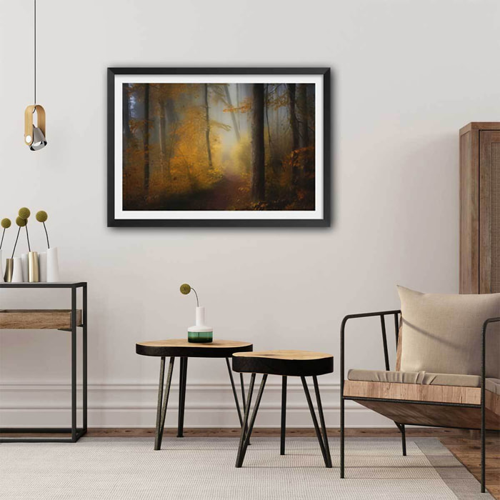 Affiche l'arbre et l'automne rouge Affiche + cadre en bois - Noir