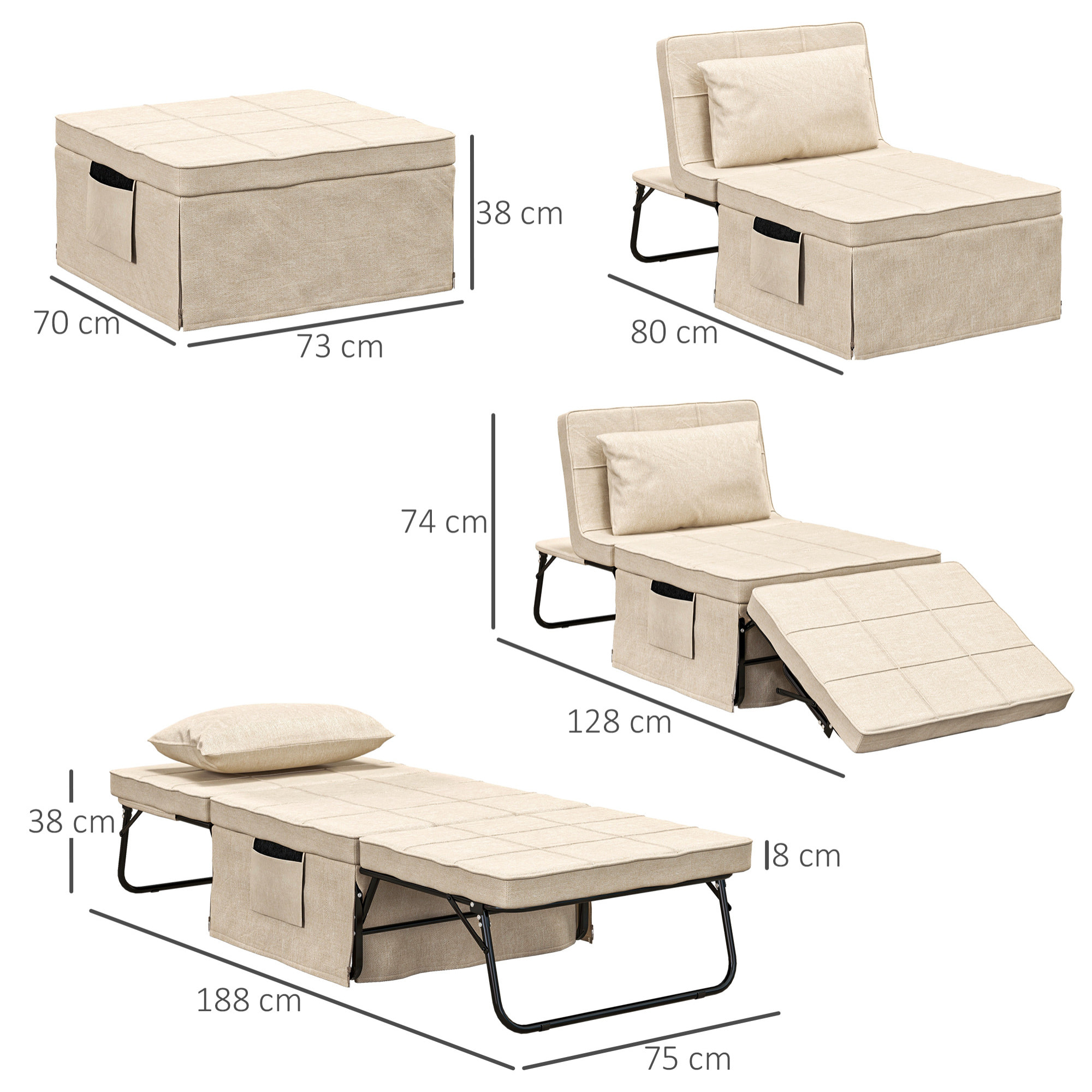 Sofá Cama de 1 Plaza 4 en 1, Sillón Cama Plegable, Otomana, Tapizado en Lino, con Respaldo Ajustable de 5 Niveles, Almohada Acolchada, para Oficina, Dormitorio, Salón, 75x80x74 cm, Crema