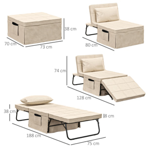 Sofá Cama de 1 Plaza 4 en 1, Sillón Cama Plegable, Otomana, Tapizado en Lino, con Respaldo Ajustable de 5 Niveles, Almohada Acolchada, para Oficina, Dormitorio, Salón, 75x80x74 cm, Crema