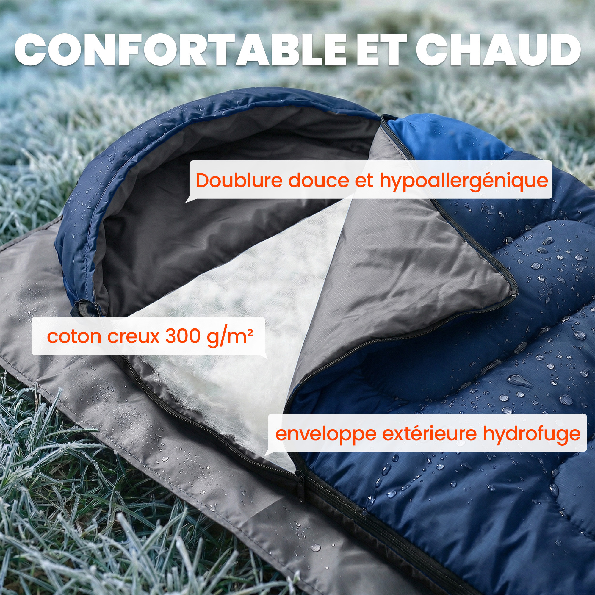 Sac de couchage adulte section tête fermeture éclair sac de rangement bleu