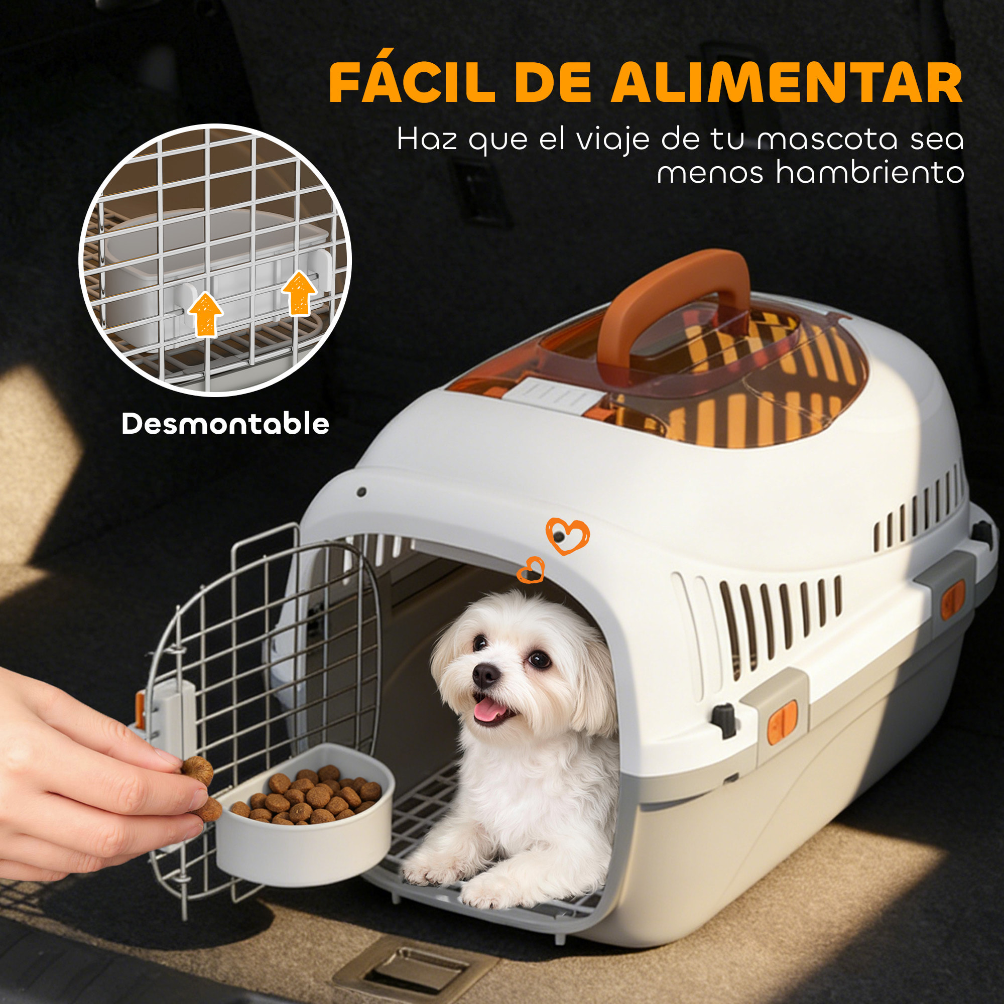 Transportín para Gatos y Perros Pequeños, Caja de Transporte de Plástico, Carga 4 kg, con Claraboya, Cuenco, Puerta de Acero, Cerradura Triple, Base Elevada, 49x32x31 cm, Gris Claro