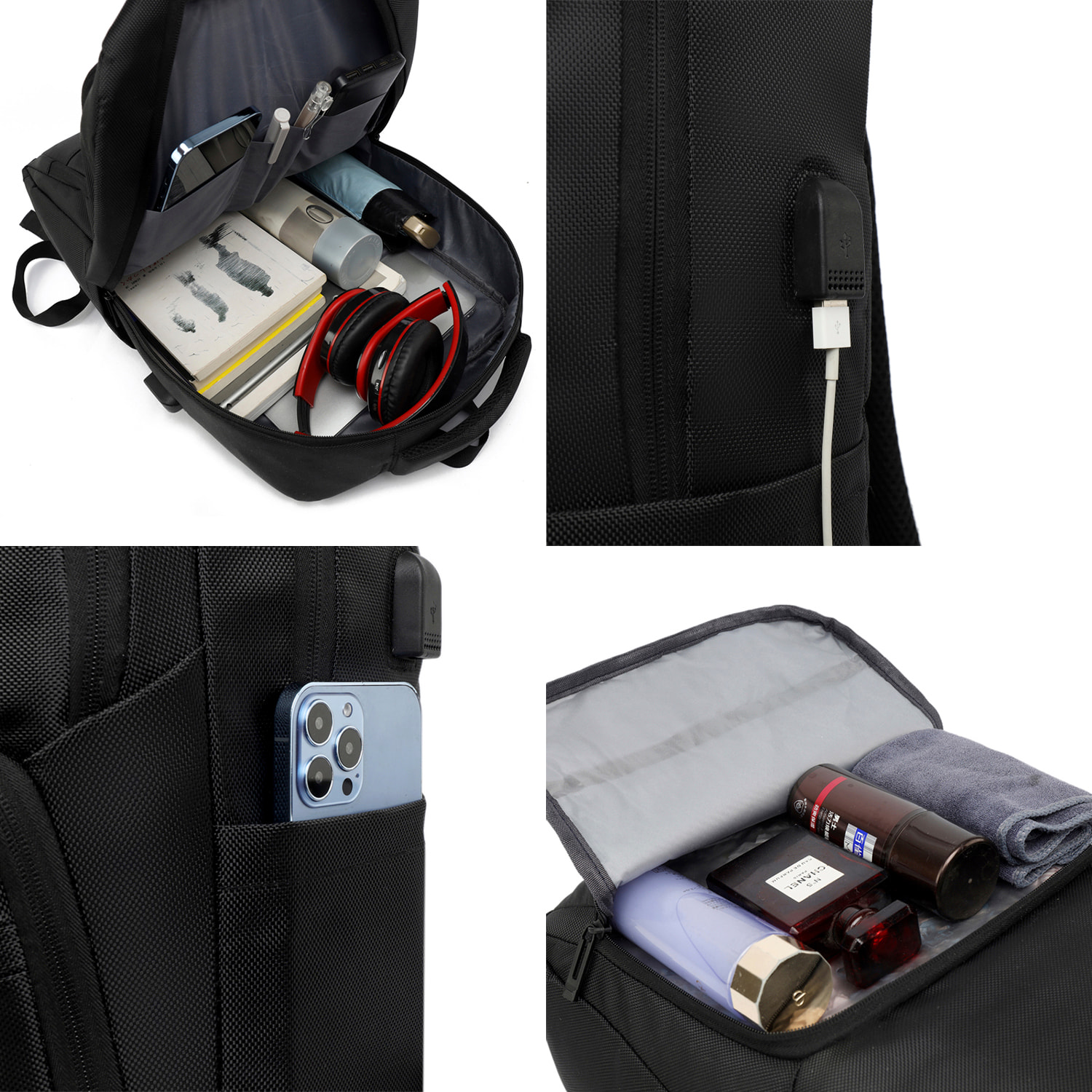 Zaino da viaggio altamente resistente e impermeabile con connessione USB. Imbottito, ventilato e con maniglia trolley.