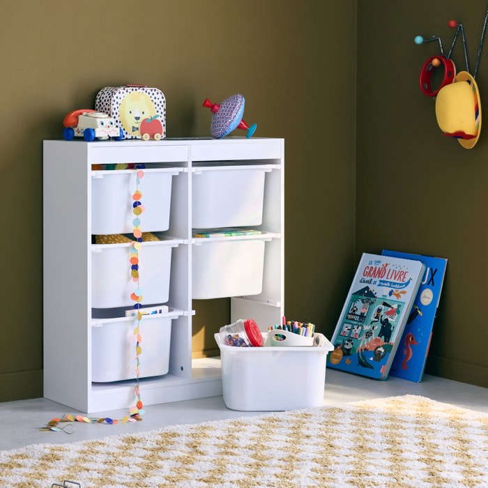 Meuble de rangement enfant. blanc. 6 bacs de rangement en plastique
