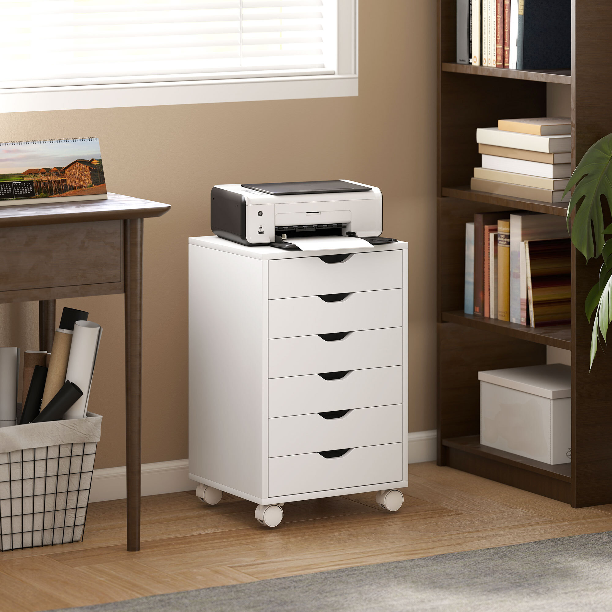 Cajonera Escritorio, Archivador Móvil con 6 Cajones, Soporte para Impresora con Ruedas, Guías Deslizantes Silenciosas, para Oficina, Casa, Blanco