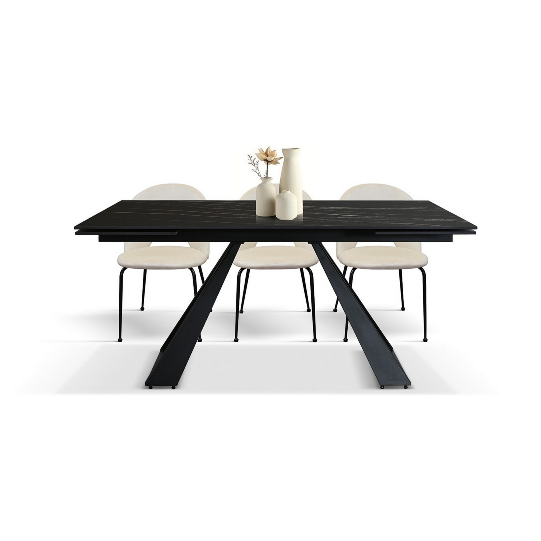 Tavolo AJACCIO in vetroceramica effetto marmo nero con gambe a piramide in metallo antracite, allungabile 160x90 cm - 240x90 cm