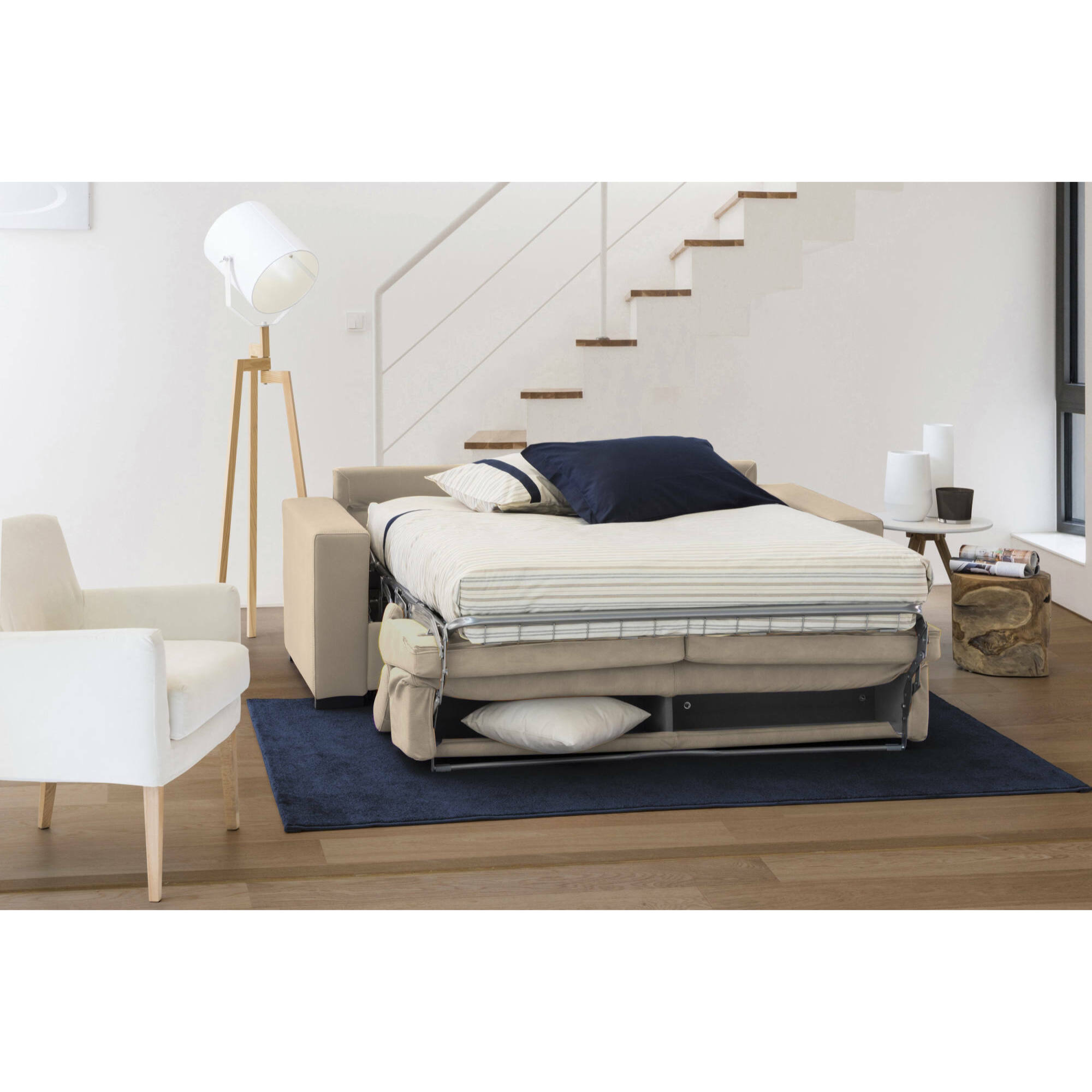 Divano Letto Aisha, Divano a 3 posti, 100% Made in Italy, Sofà Soggiorno con apertura girevole, con poggiatesta regolabili e Braccioli slim, Cm 200x95h85, Beige