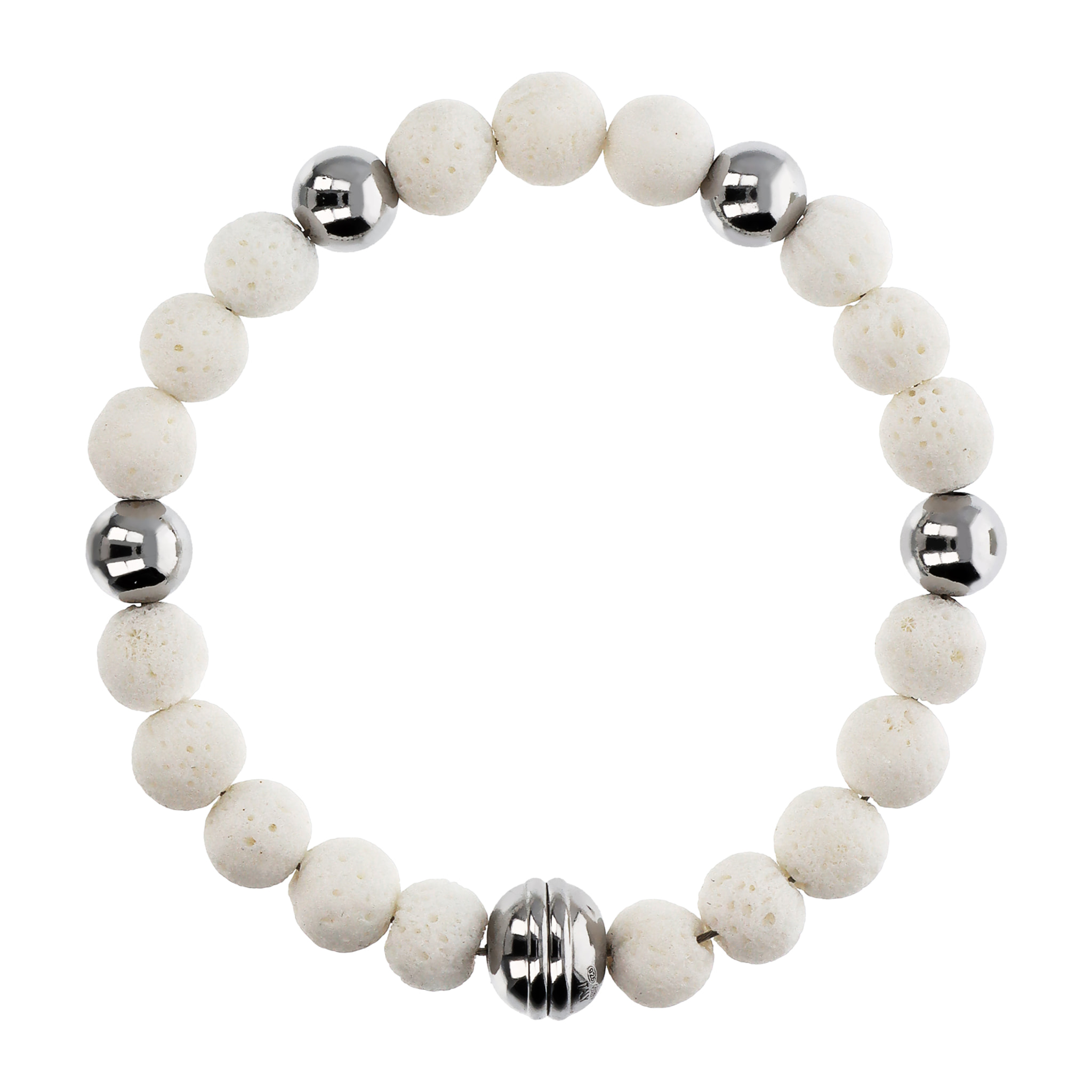 Bracciale di Sfere Argentate e in Pietra Naturale Corallo Bianco in Argento 925 placcato Rodio