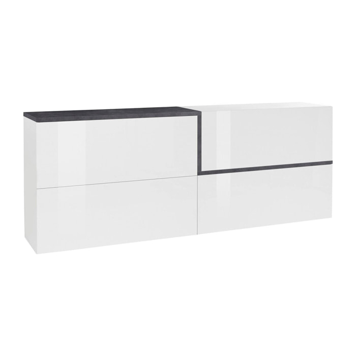 Credenza moderna a 4 ante, Made in Italy, Madia da cucina, Buffet di design da soggiorno, cm 210x40h80, colore Bianco lucido e Grigio Ardesia