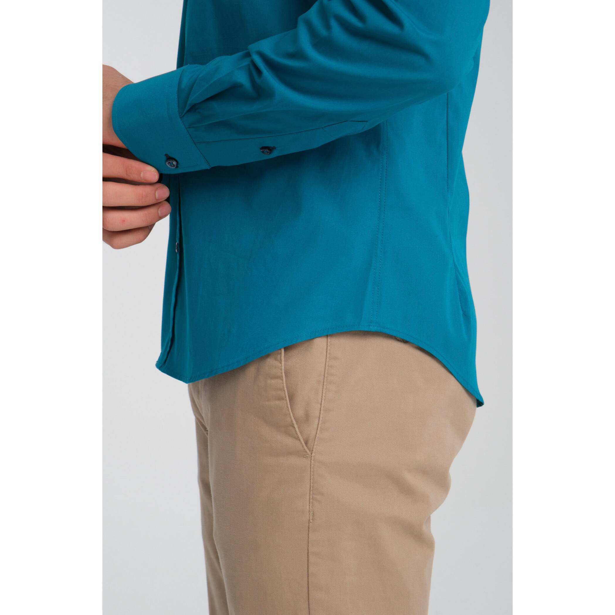 Camicia Uomo 1 Bottoni Button Down Slim Popeline Stretch Unito Verde Ottanio