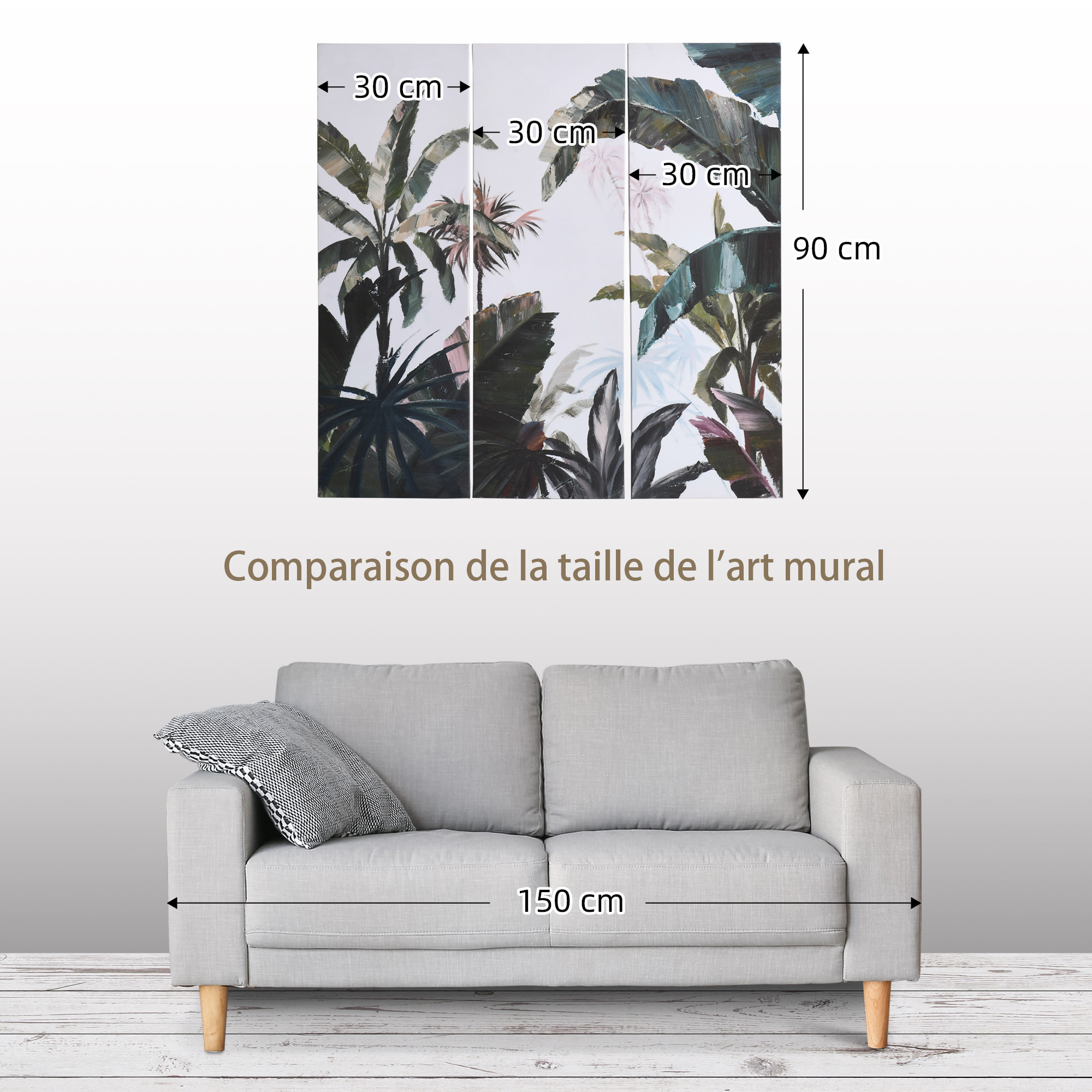 Triptyque imprimé et peint paysage tropical - dim. 90L x 30l cm (x3) - décoration murale - toile 100% polyester structure bois de pin encre vert blanc