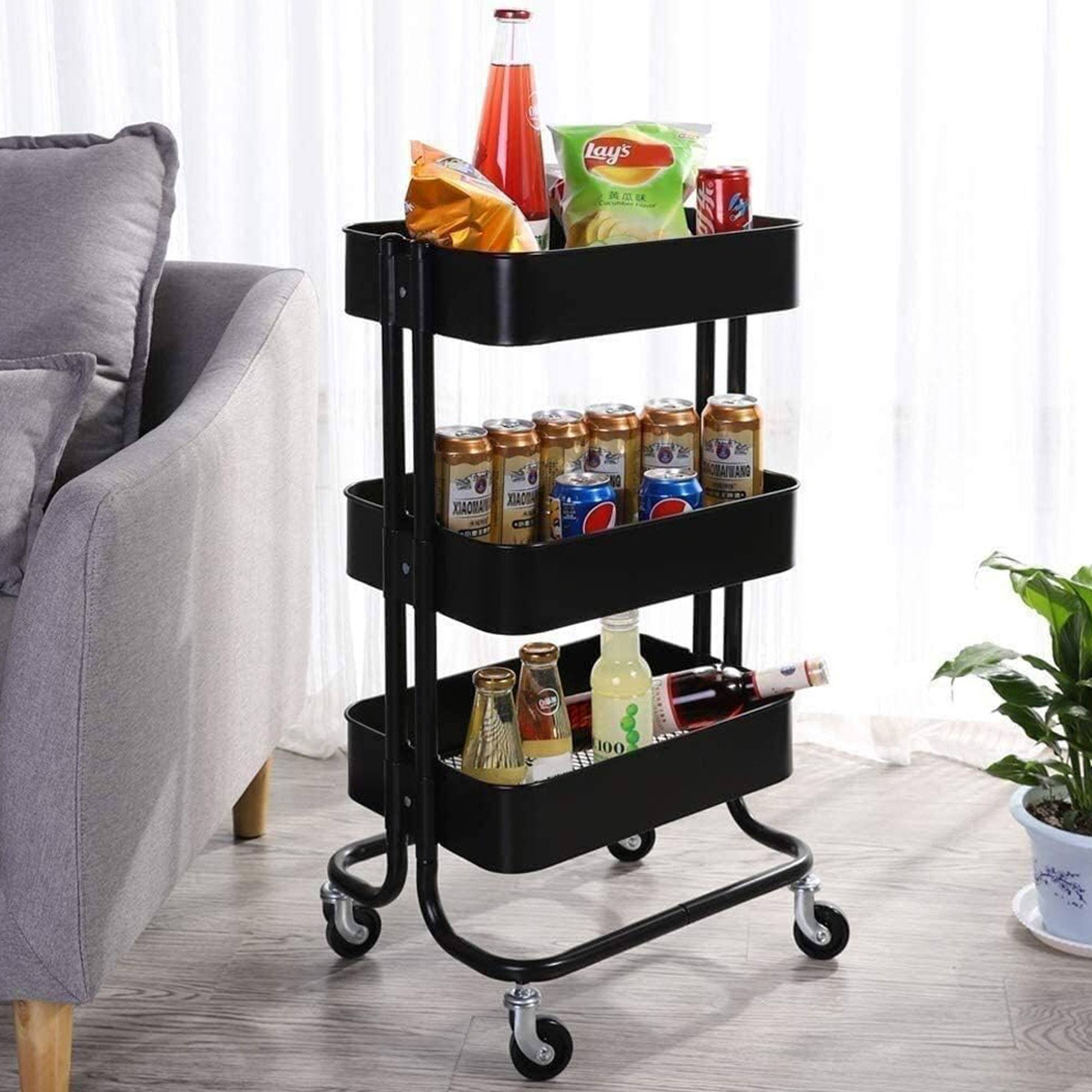 Well home carro de cocina de hierro en negro con ruedas y 3 cajones