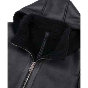 Cappotto montone nero Shearling uomo cappuccio staccabile