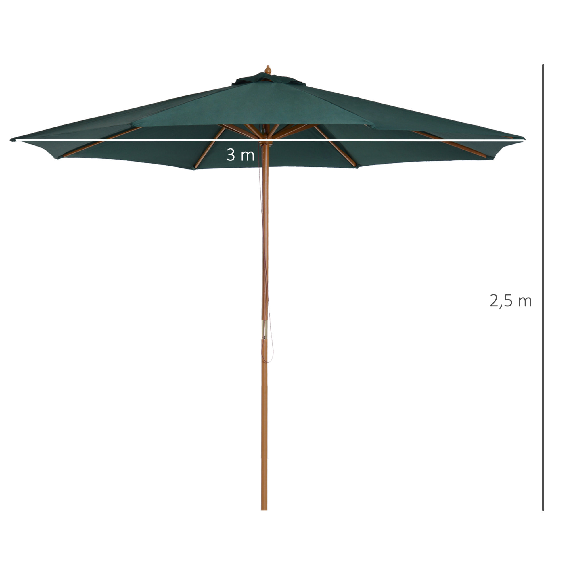 Outsunny Sombrilla Ø300x250 cm Parasol con Poste de Madera con Sistema de Poleas de 8 Varillas con Fijación para Jardín Patio Terraza Verde