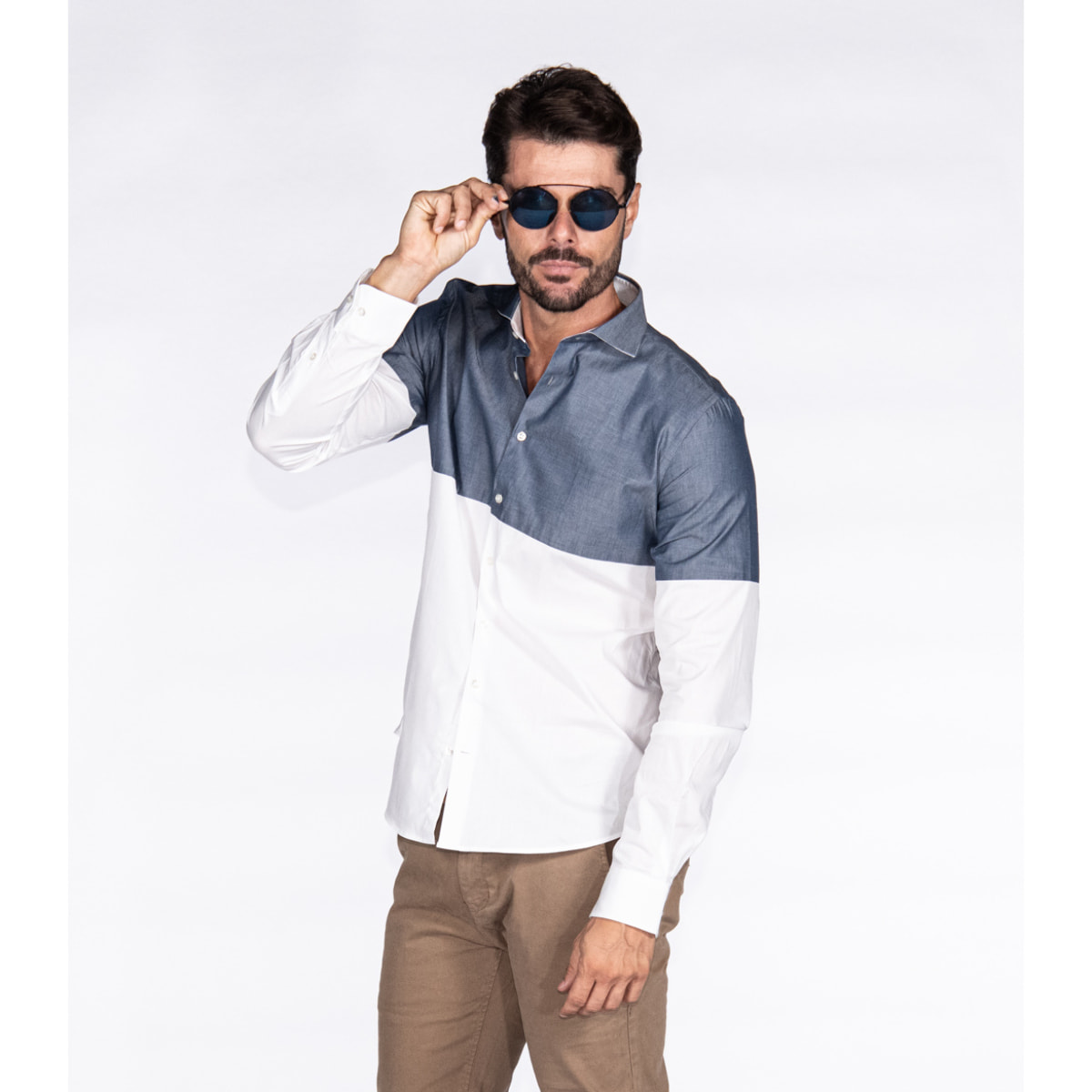 Camicie Manica Lunga Bicolore Popeline Stretch Unito Bianco