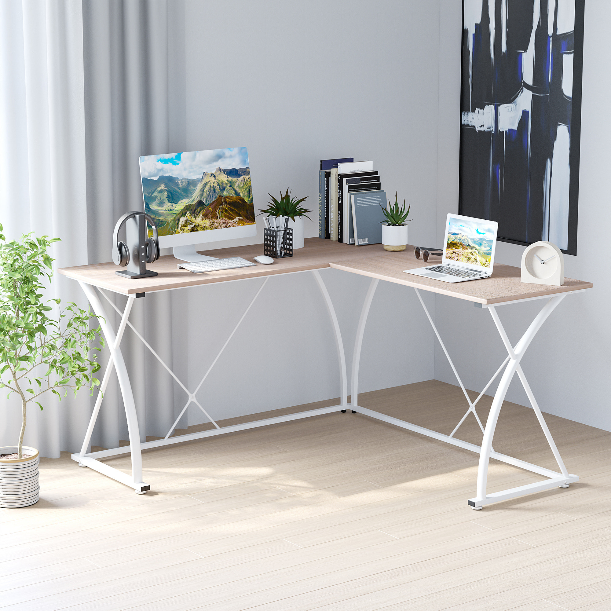 Mesa de Ordenador para Oficina de Madera 142x142x76cm Blanco