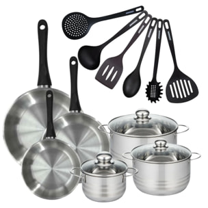 Batterie de cuisine avec 3 poêles 20/24/28 cm et 3 faitouts 16/20/24 cm avec 6 ustensiles de cuisine sans PFAS Fackelmann Généva Brillant Fénix
