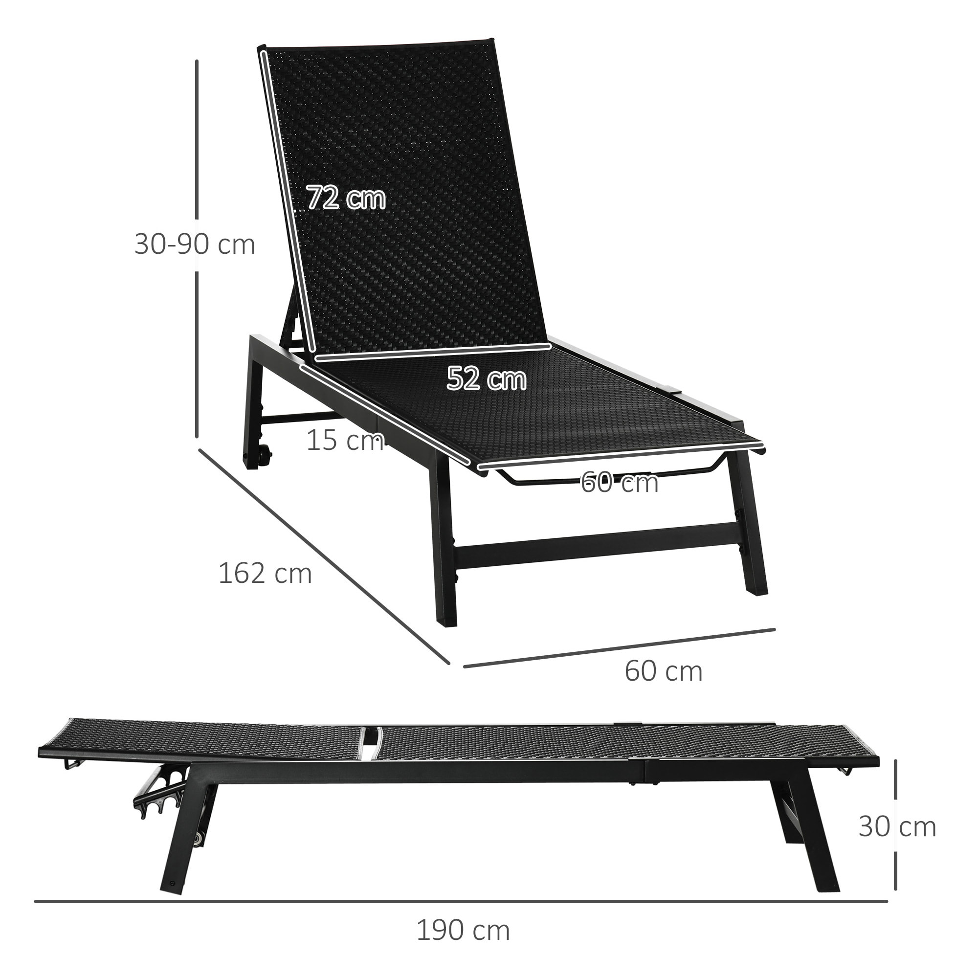 Bain de soleil transat grand confort - dossier inclinable 5 positions roulettes - châssis alu. résine tressée noire