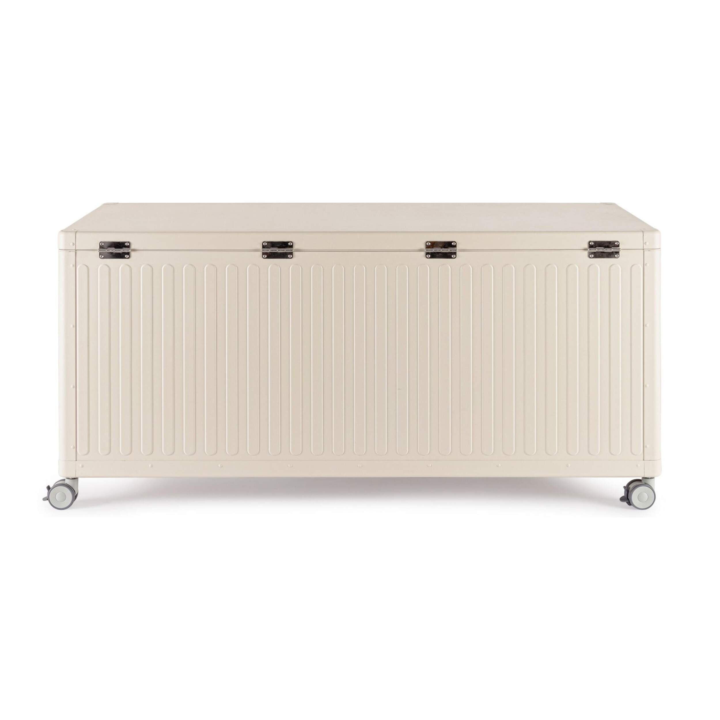 Baule da giardino BRAGA in alluminio beige, con ruote e maniglia effetto legno