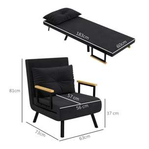 Sofá Cama de 1 Plaza Sofá Cama Plegable Tapizado en Terciopelo con Respaldo Ajustable de 5 Niveles y Almohada Acolchada para Oficina Dormitorio Salón 63x73x81 cm Negro