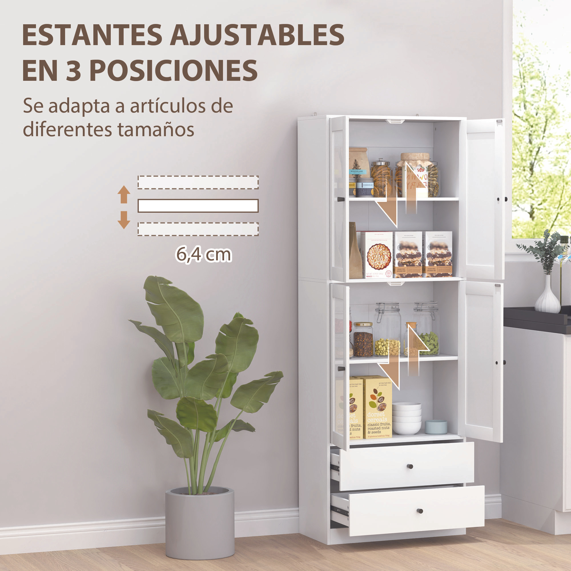 Alacena de Cocina Alta, Mueble Auxiliar de Cocina, con 4 Puertas de Vidrio, 2 Cajones, Estantes Ajustables, 59x30x170 cm, Blanco