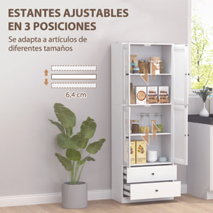 Alacena de Cocina Alta, Mueble Auxiliar de Cocina, con 4 Puertas de Vidrio, 2 Cajones, Estantes Ajustables, 59x30x170 cm, Blanco