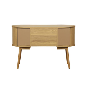 Bureau ovale effet bois rainuré avec deux espaces de rangement. L 120 x P 55 x H 77 cm