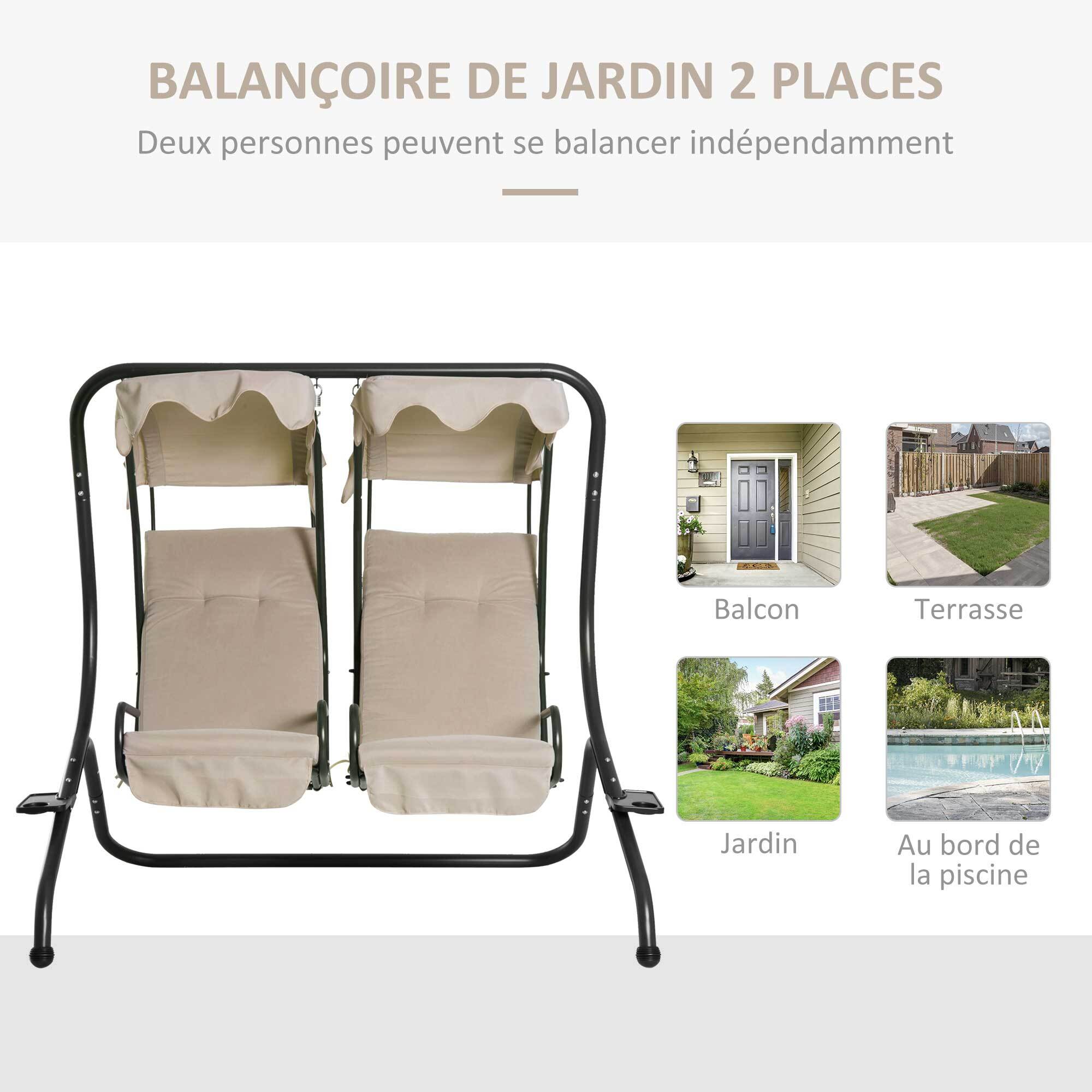 Balancelle de jardin 2 places indépendantes avec toit acier polyester