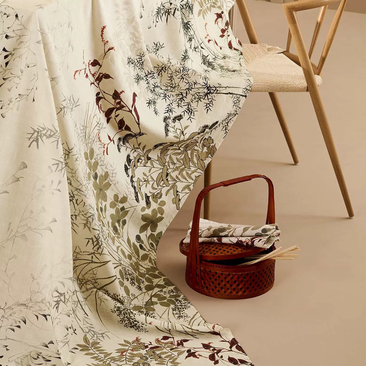 Nappe lin & coton lavé 150 g/m² imprimé beige Bambous parchemin