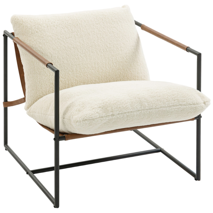 Fauteuil lounge design assise suspendue PU camel acier noir bouclette blanc cassé