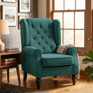 HOMCOM Sillón Orejero Moderno, Butaca de Salón con Reposabrazos y Patas de Madera, Sofá Individual Carga 160 kg para Oficina, Sala de Estar y Dormitorio, Verde Oscuro