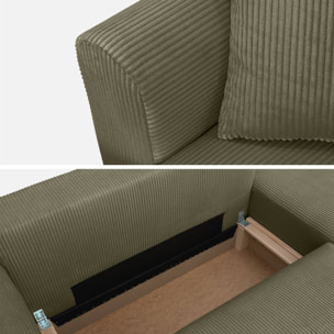 Canapé d'angle convertible réversible 3 places velours côtelé kaki avec coffre de rangement - Almo