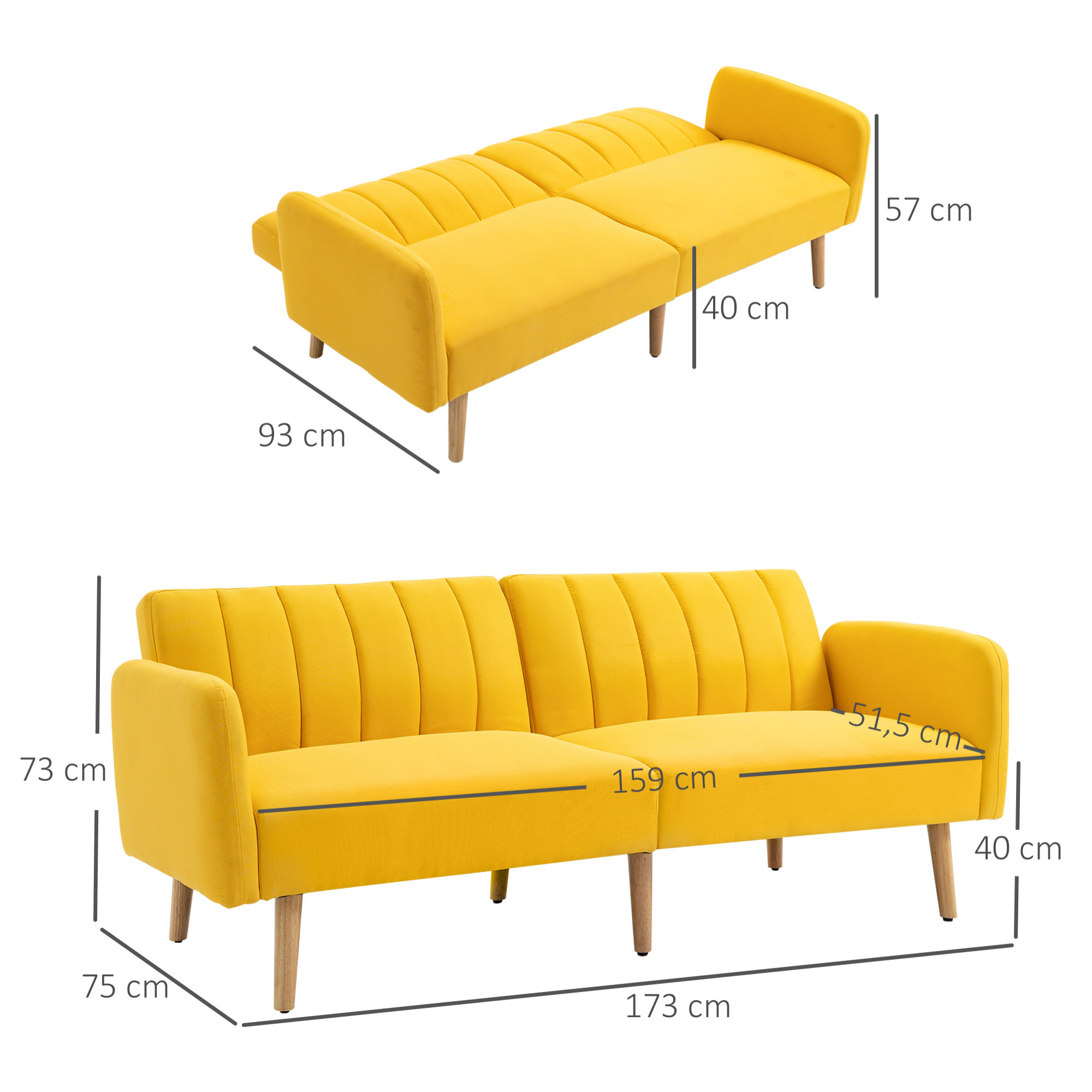 Sofá Cama de 2 Plazas Tela con Respaldo Ajustable en 3 Posiciones Reposabrazos Desmontables y Patas de Madera Sofá Doble Moderno para Salón Oficina 173x75x73 cm Amarillo