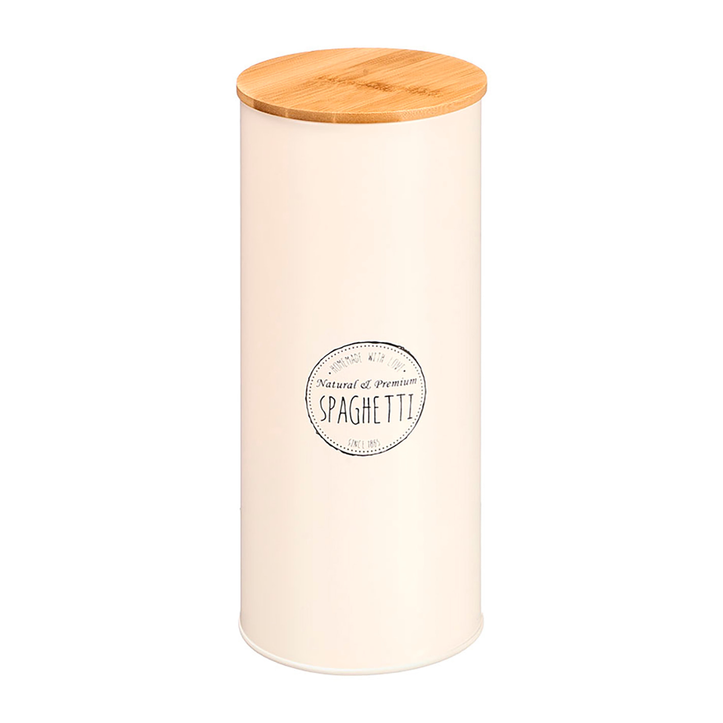Tarro alto crema con tapa de bambú. Diseño "Spaghetti".