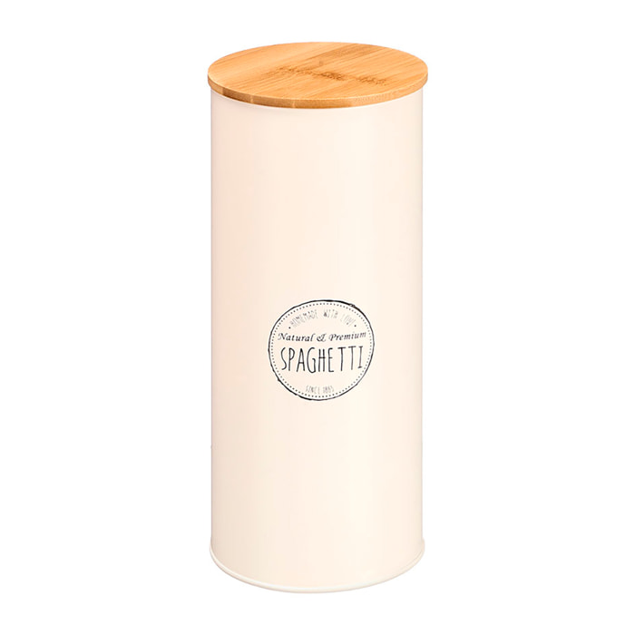 Tarro alto crema con tapa de bambú. Diseño "Spaghetti".