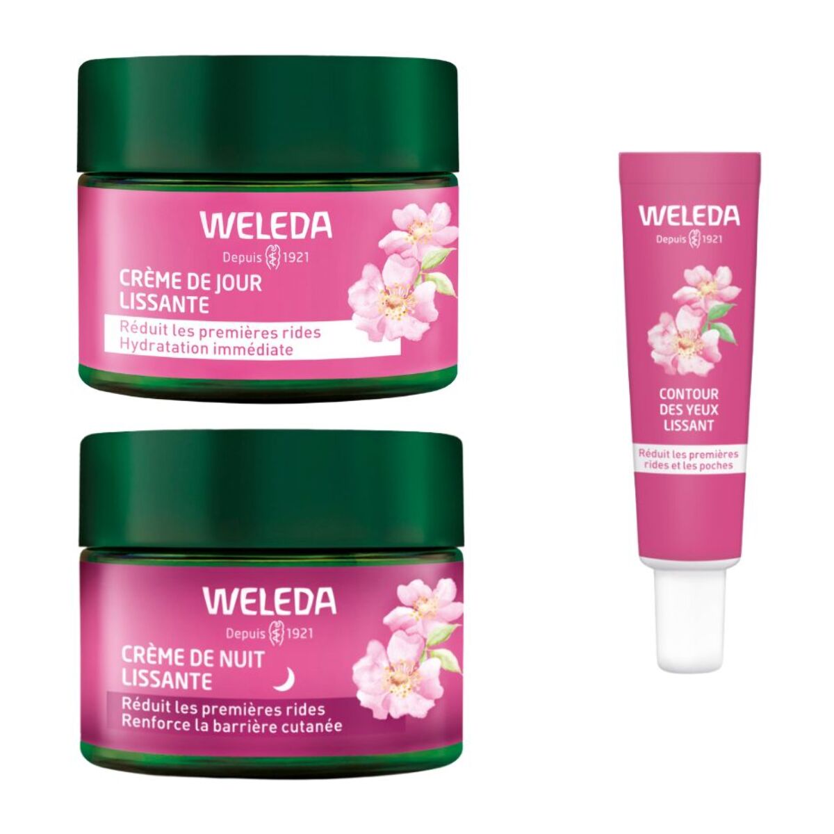 WELEDA - Lot Crème de Jour lissante Rose musquée & Thé blanc, Crème de Nuit et Contour des yeux