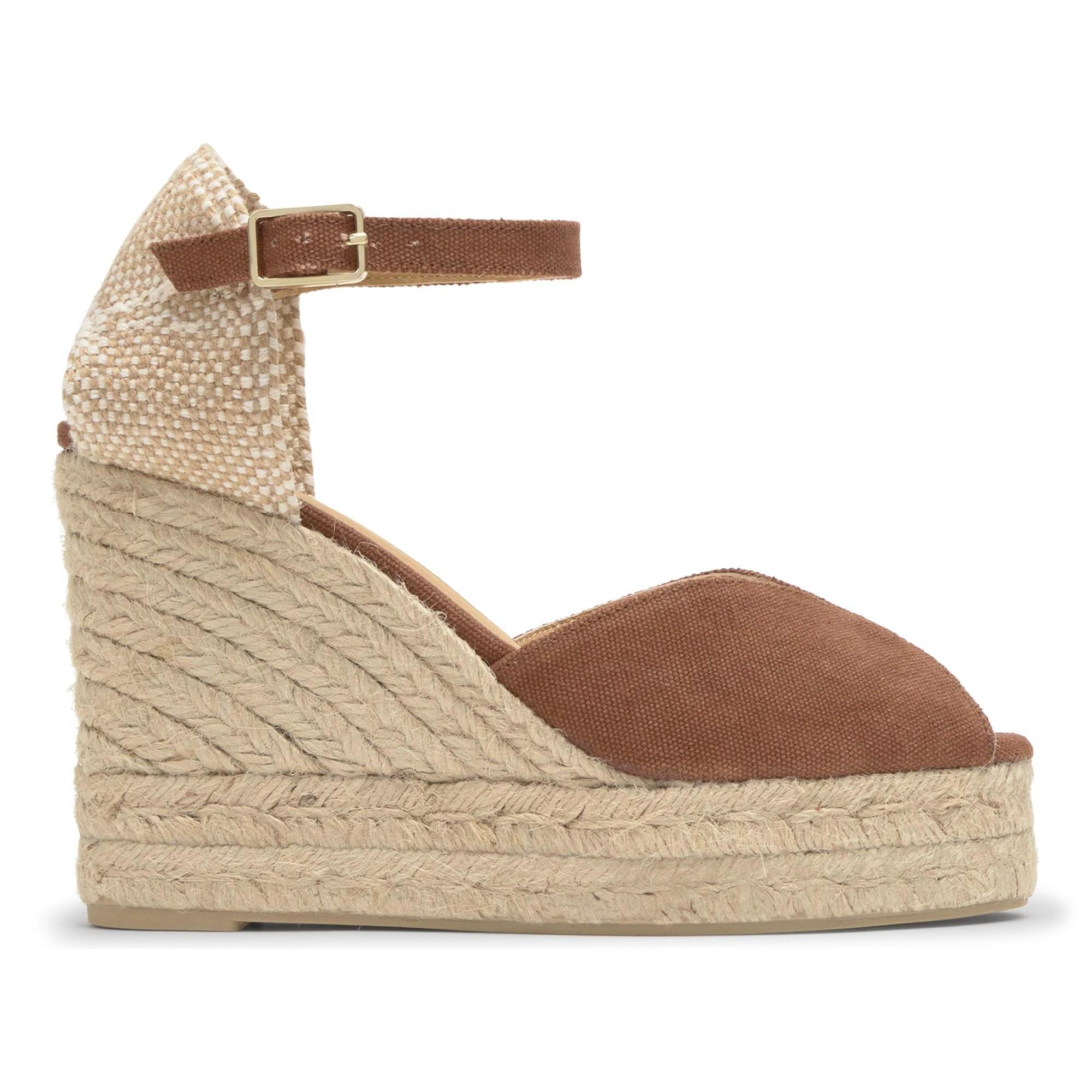 Alpargata de cuña 6 cm peep toe en lona de algodón con talonera trenzada