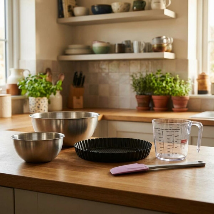 Set pâtisserie avec moule à tarte renversée, 2 bols à mixer, verre mesureur et spatule Zenker