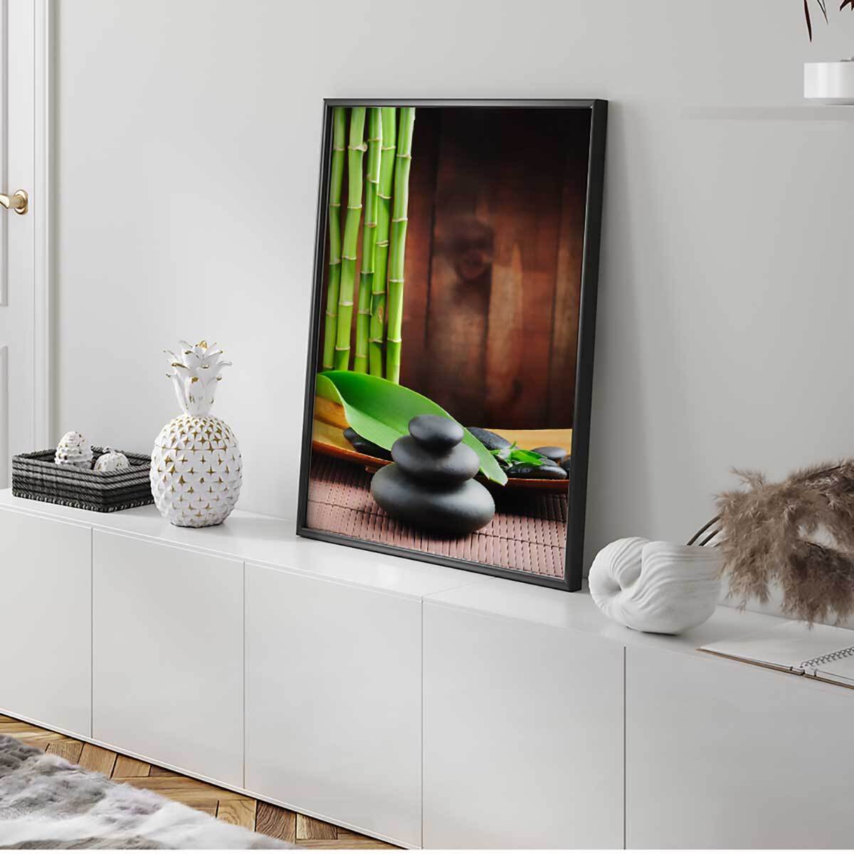 Affiche encadrée zen avec bambou et pierres naturelles Affiche + cadre en métal - Noir