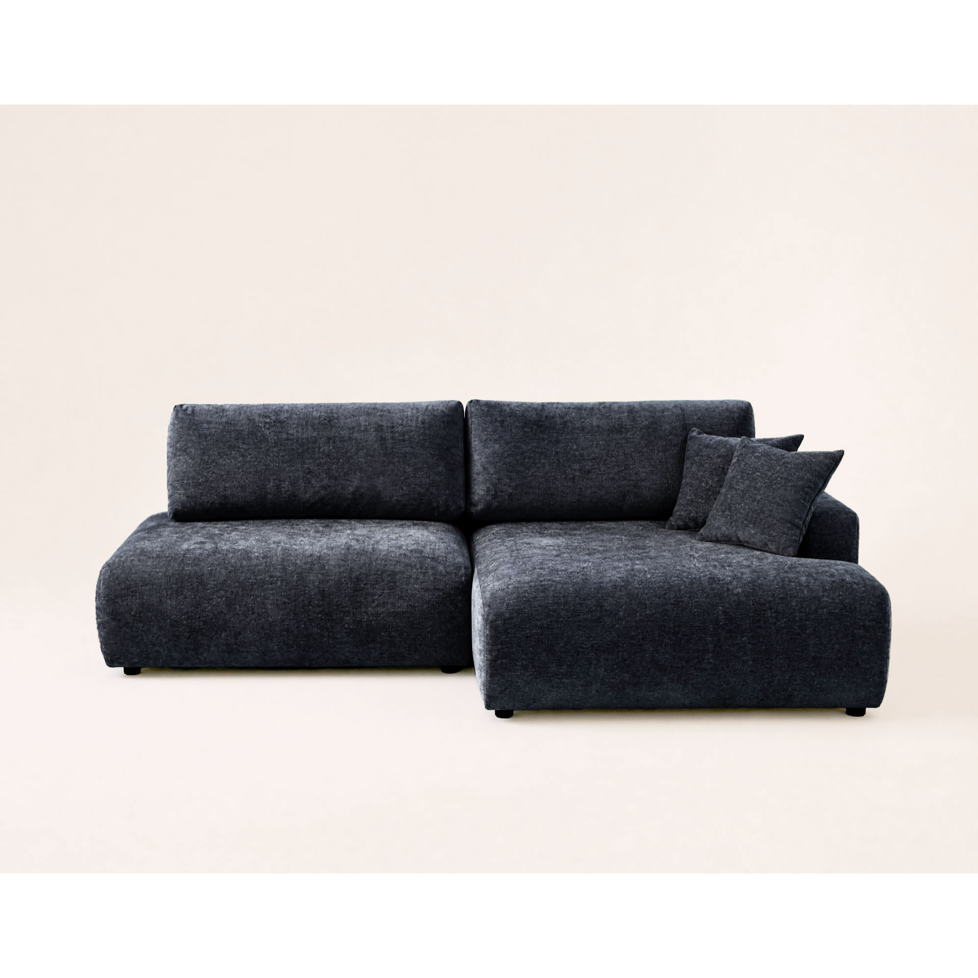 Pivoine - Canapé d'angle ouvert droit 4 places convertible avec coffre en tissu texturé - Bleu marine