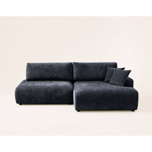 Pivoine - Canapé d'angle ouvert droit 4 places convertible avec coffre en tissu texturé - Bleu marine