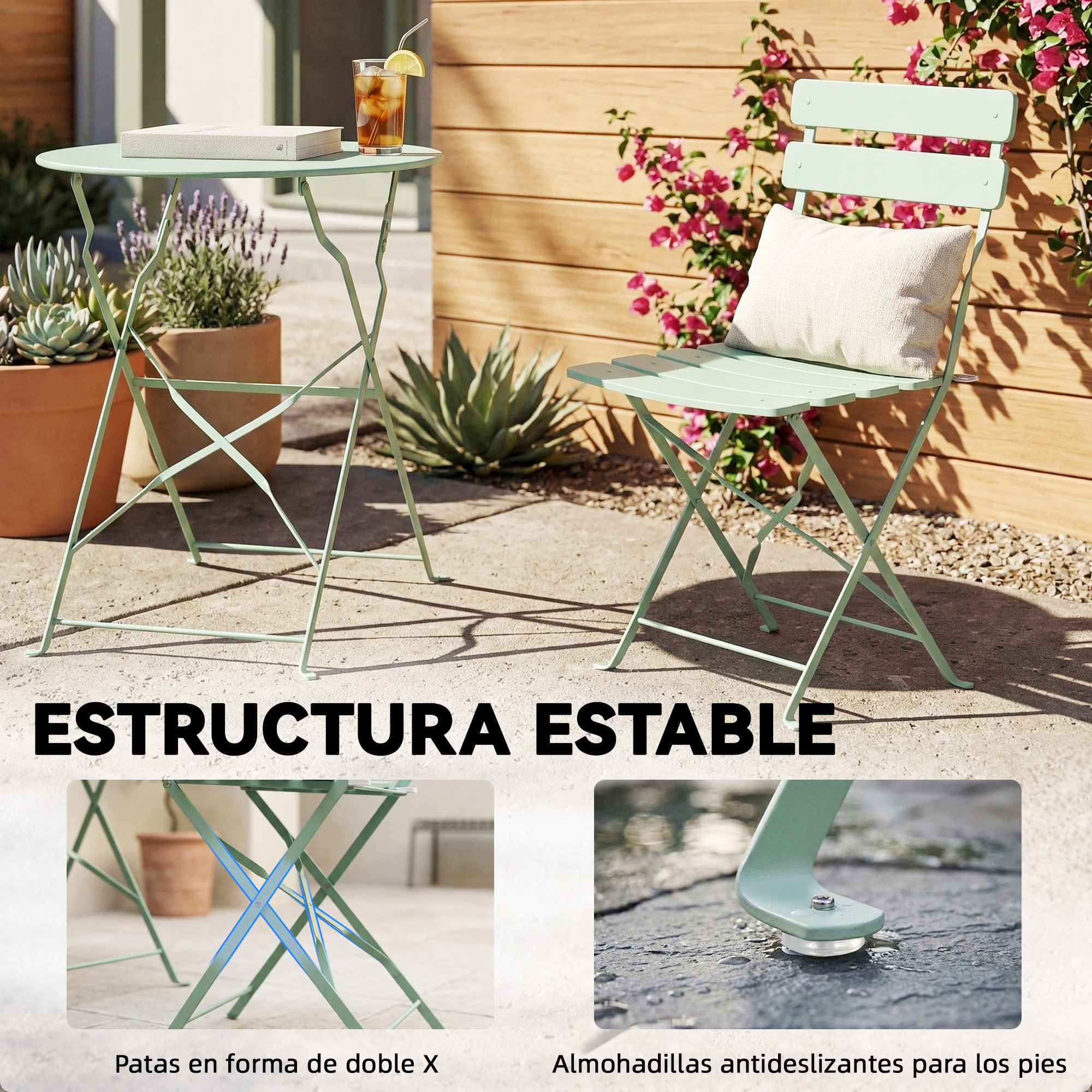 Conjunto de Mesa y Sillas de Terraza Exterior Plegable 3 Piezas, Muebles de Jardín Exterior con 2 Sillas Plegables, Mesa Redonda, Estructura Metálica Electrofórica para Patio, Balcón, Verde