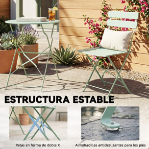 Conjunto de Mesa y Sillas de Terraza Exterior Plegable 3 Piezas, Muebles de Jardín Exterior con 2 Sillas Plegables, Mesa Redonda, Estructura Metálica Electrofórica para Patio, Balcón, Verde