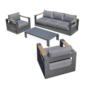 MANDELIEU - Salon de jardin 5 places en aluminium anthracite et accoudoirs en HPL